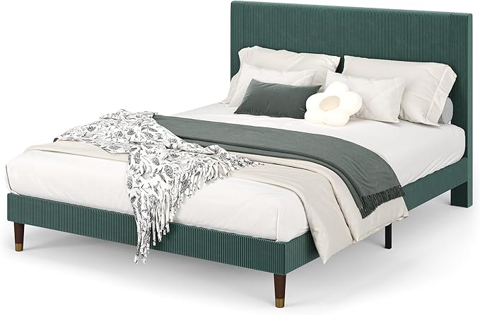 GarveeHome Full Size Bed Frame with Upholstered Headboard and Strong Wooden Slats Support, Soft Corduroy Fabric Platform Bed, No Boxing Spring Needed, Easy Assembly, Dark Green