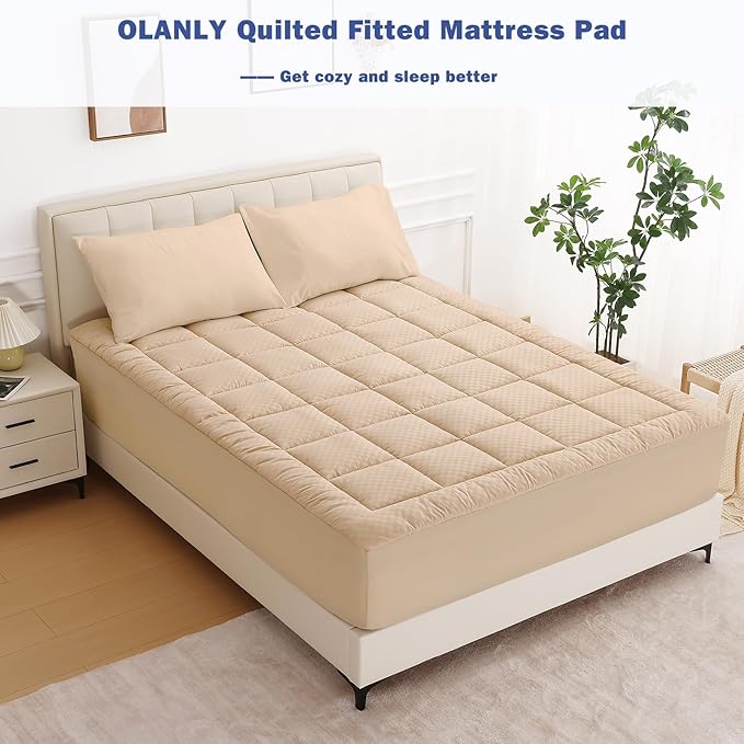 OLANLY Full Quilted Fitted Mattress Pad, Elastic Fitted Mattress Topper, Cooling Soft Mattress Cover Stretches up to 21 Inches Deep, Machine Washable Mattress Protector (54x75 inch, Beige)