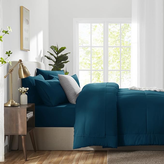 CozyLux Queen Comforter Set Lyons Blue, 7 Pieces Bed in a Bag, Blue Comforters Queen Size, All Season Bedding Sets with Stitch Quilted Comforter, Flat Sheet, Fitted Sheet, Pillowcases