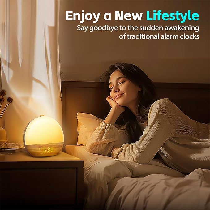Geuuap Wood Grain White Noise Sound Machine Sunrise Alarm Clock with 25 Soothing Sounds, 17 Dimmable Night Lights, Bluetooth Speaker Wake Up Light alarm clocks for bedrooms, Heavy Sleepers, Baby, Kids