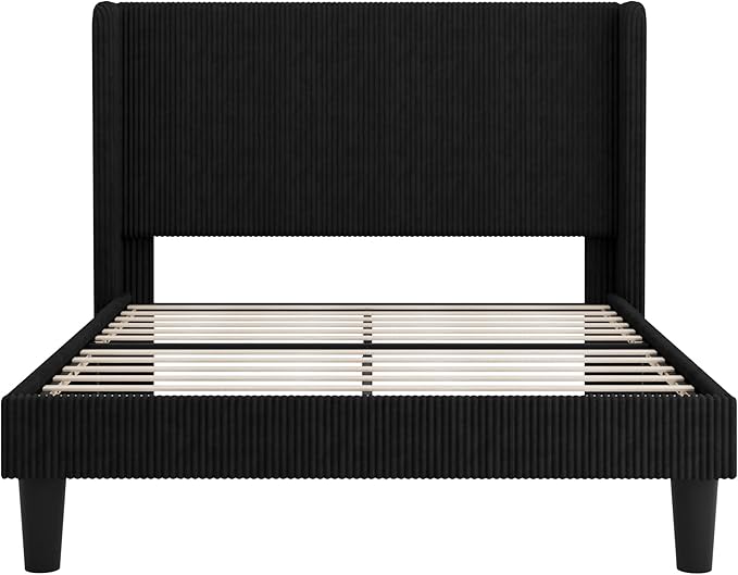 SHA CERLIN Queen Size Corduroy Upholstered Platform Bed Frame with Vertical Channel Tufted Wingback Headboard, 8" Under Bed Storage, Wooden Slats & Metal Frame Support, Easy Assembly, Black