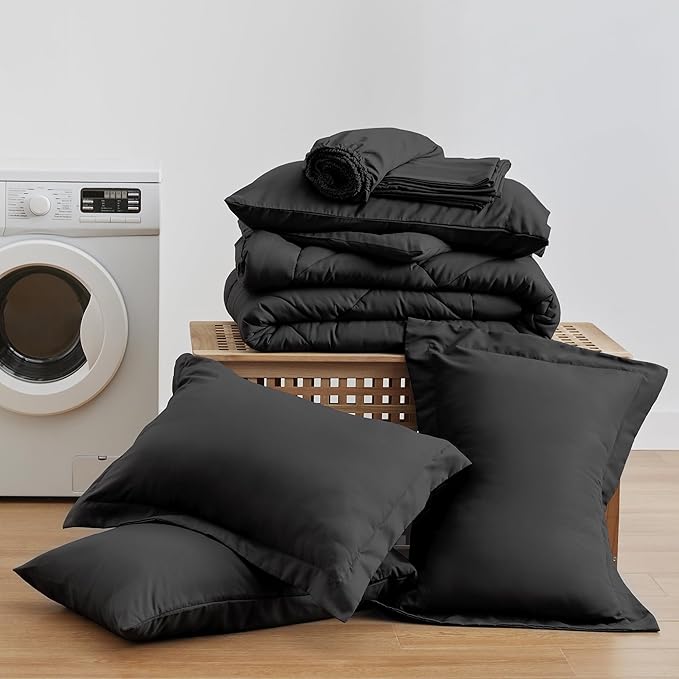 Love's cabin Full Comforter Set Black, 7 Pieces Full Bed in a Bag, All Season Bedding Sets with 1 Comforter, 1 Flat Sheet, 1 Fitted Sheet, 2 Pillowcase and 2 Pillow Sham | Soft, Breathable, Lightweight, Comfortable