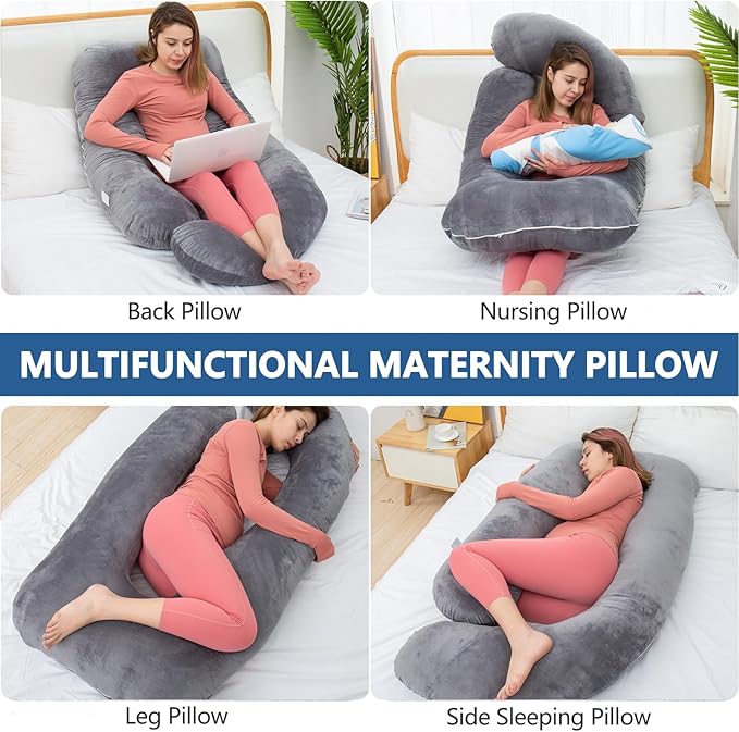 Shredded Memory Foam Body Pillow, Pregnancy Pillows for Sleeping, Maternity Pillow for Pregnant Women, Memory Foam Filling U Shaped Body Pillow with Velvet Cover (Velvet Gray, 60 inch)