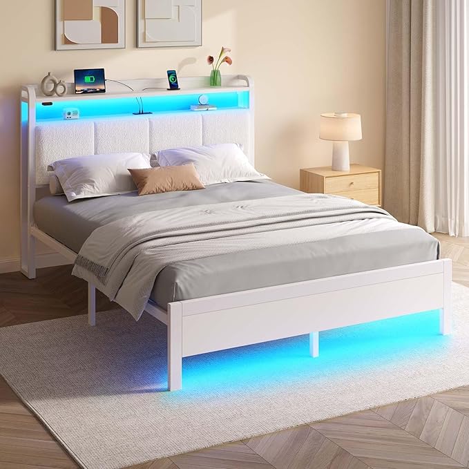 Rolanstar Bed Frame Full Size with Charging Station and LED Lights, Upholstered Headboard with Storage Shelves, Heavy Duty Metal Slats, No Box Spring Need, Noise Free, Easy Assembly, White