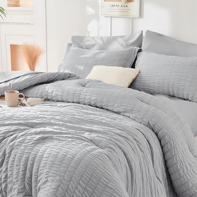 HYMOKEGE Light Grey Twin Size Duvet Cover, Ultra Soft 2-Piece Seersucker Duvet Cover Set with Zipper Closure, Soft Brushed Microfiber Bedding Set with 8 Corner Ties (68"x90", 1 Pillowshams)