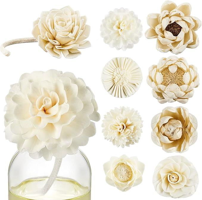 Waydress 15 Pcs Diffuser Mixed Sola Flowers Natural Material Aromatherapy Reed Wood Flowers Decorative Aromatherapy Flower Placement Refill Wood Flower Diffuser with Rope(Various,Cute)