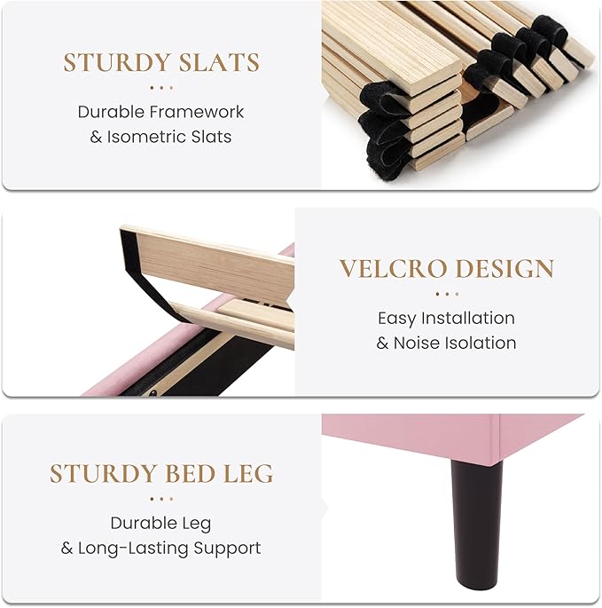 SHA CERLIN Queen Size Platform Bed Frame, Velvet Upholstered Bed with Adjustable Headboard, Vertical Channel Tufted Design, Sturdy Wood Slat Support, No Box Spring Needed, Easy Assembly, Pink
