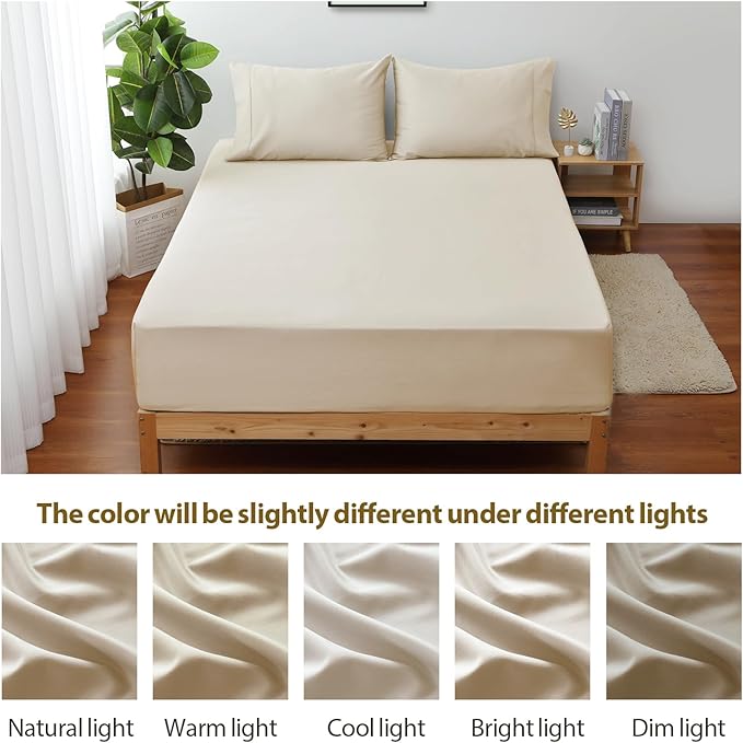 2-Pack Pure Cotton Bottom Sheet King Size, 600 Thread Count 16" Deep Pocket Egyptian Cotton Fitted Sheet (2-Pack, King, Beige)