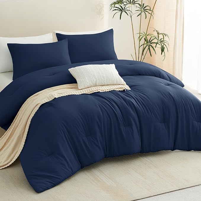 CozyLux Oversized Queen Comforter Set Navy Blue, 3 Pieces 98x98 Solid Breathable Quilted Bedding Sets for All Season, Luxury Soft Lightweight Bed Set with Down Alternative Comforter and 2 Pillowcases