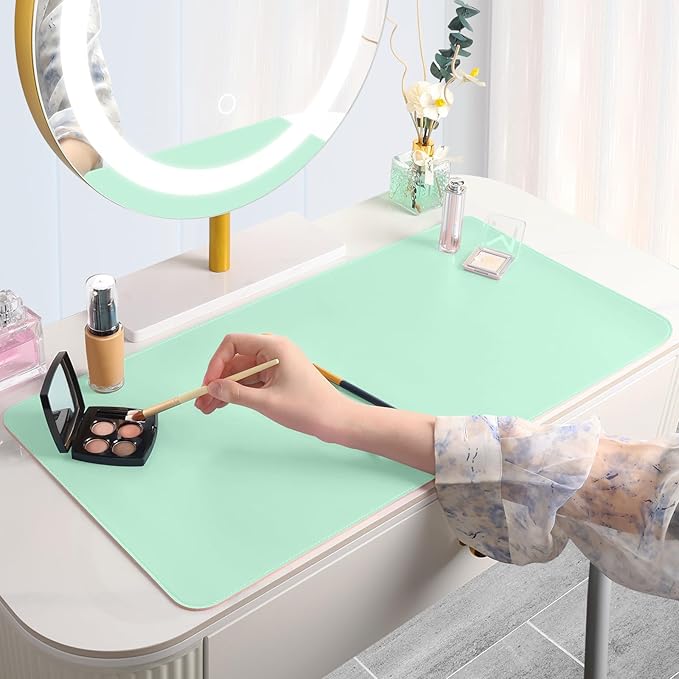 Makeup Mat for Vanity to Protect Desk Top 23.6 x 11.8 in, Dual-Sided Makeup Mat, Easy to Clean Desk Pad - Waterproof and Oilproof Vanity Accessories (Calamine Blue and Mint Green)