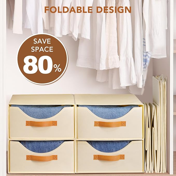4 Pcs 16.5" Closet Drawers and Large Size Clothes Storage Bins Push-Out Storage Stackable Shelf Drawers with See-Through Window Closet Organizers for Bedroom, Living Room, Under Bed, Beige