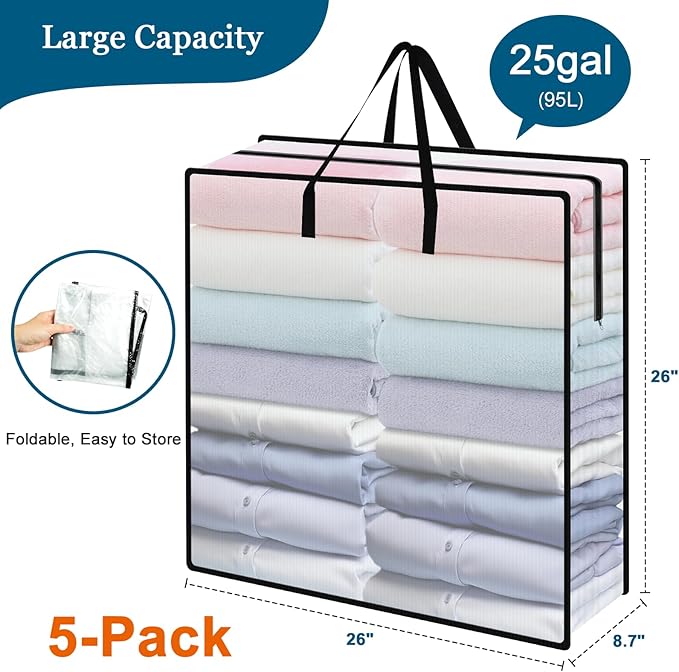 95L Under Bed Storage Bag, 5-Pack Under Bed Storage Containers, Clear Storage Bags for Clothes Quilt Pillow Wreath Blanket Storage or Closet Organizer Home Storage