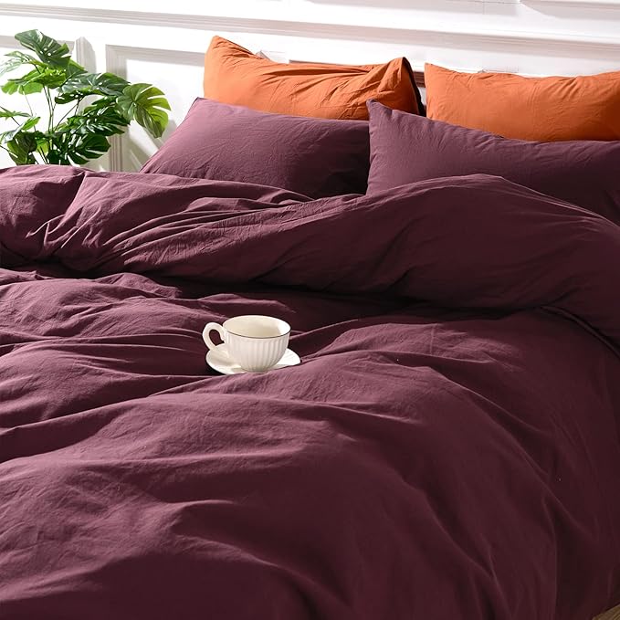 NEXHOME PRO Duvet Cover Set 100% Washed Cotton Super King 108"x98", Organic Natural Linen Look Textured 3 Pieces Bedding Set Burgundy Dark Red with Zipper Closure, Breathable (No Comforter)