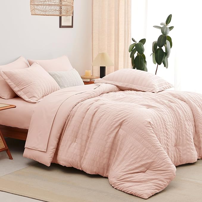 CozyLux Twin XL Comforter Set with Sheets Seersucker Blush Pink 5 Pieces Bed in a Bag, Twin Extra Long Luxury Bedding Sets for College Dorm with Down Alternative Comforter, Sheets, Pillowcase & Sham