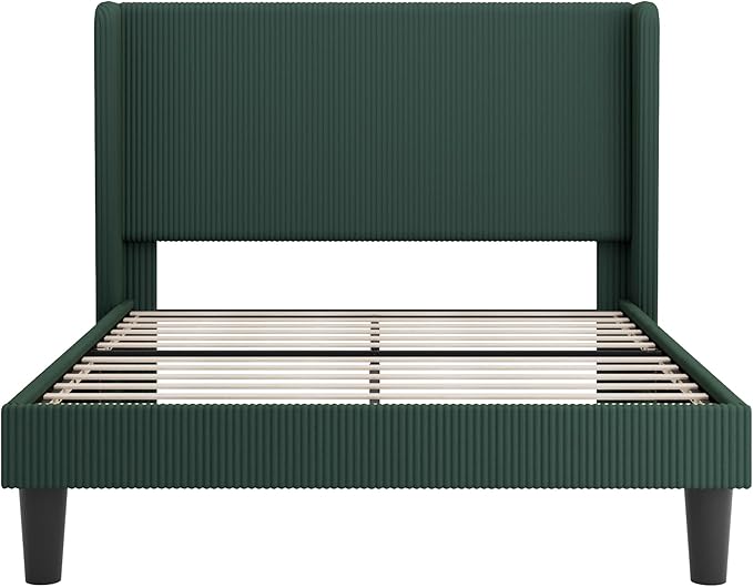 SHA CERLIN Queen Size Corduroy Upholstered Platform Bed Frame with Vertical Channel Tufted Wingback Headboard, 8" Under Bed Storage, Wooden Slats & Metal Frame Support, Easy Assembly, Dark Green