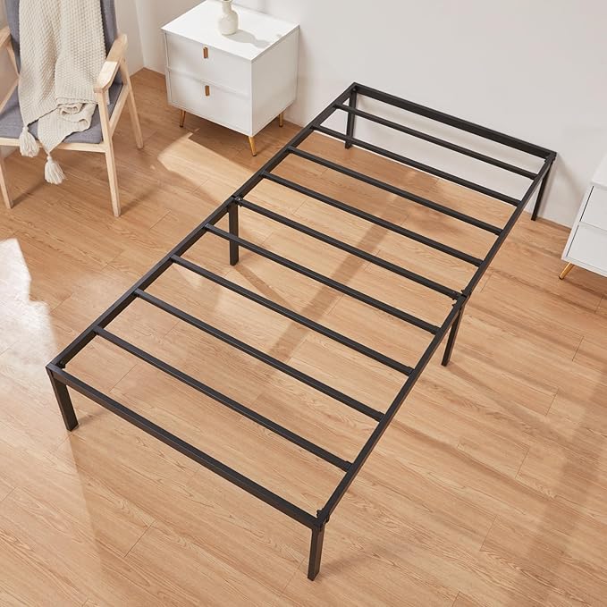 Heavy Duty Metal Bed Frame Twin Size 38" W 75" L 14" H inch with Storage Mattress Foundation Steel Slats Platform Easy Assembly Black