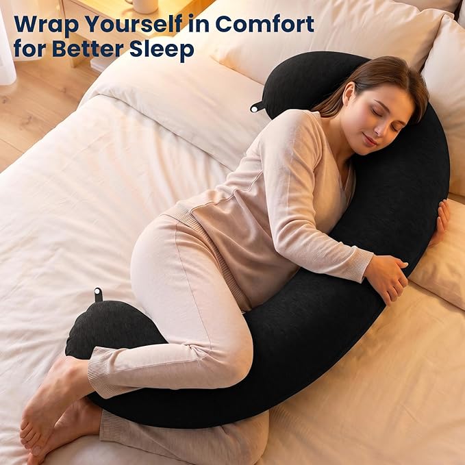 TranquilRelax C Shaped Body Pillow for Side Sleepers, Memory Foam Long Pillow for Leg, Hip & Back Support, Soft Washable Cover,Black-35 * 10"