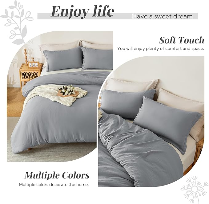 MILDLY Super Soft Duvet Cover - 100% Washed Microfiber Grey Comforter Cover Set 3 Pieces with Zipper Closure & Corner Ties (No Comforter)
