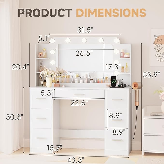 YESHOMY Vanity Desk with Large Lighted Mirror, Power Outlet and 11 Lights, Makeup Table with 7 Drawers and 3 Desktup Storage Units, 3 Color Modes Available for Bedroom, Snow White