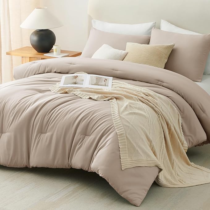 CozyLux Full Size Comforter Set Wheat, 3 Pieces Solid Breathable Quilted Bedding Sets, Luxury Lightweight Soft Bed Set with Down Alternative Comforter and 2 Pillowcases for All Seasons