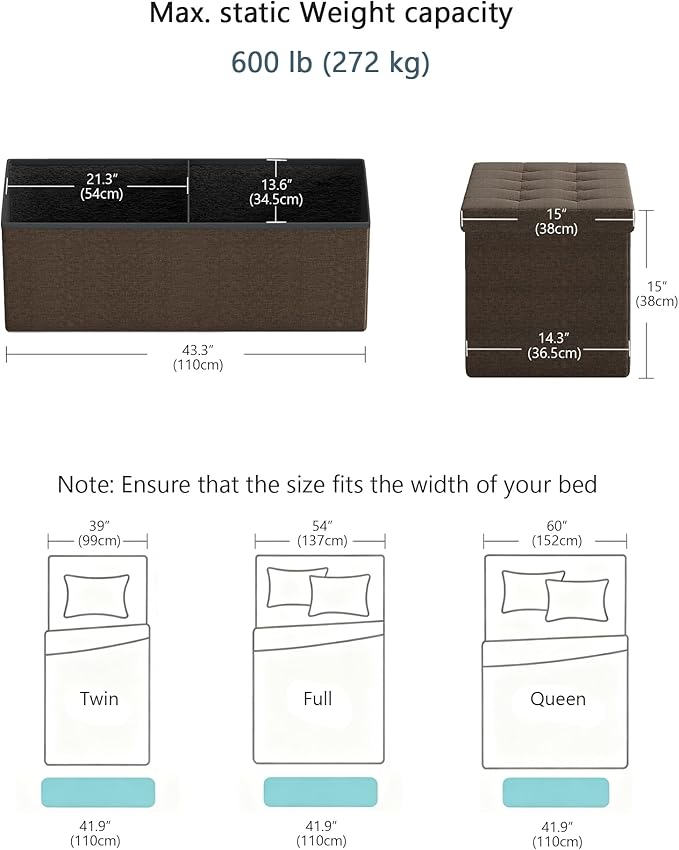 GLAXYFUR 43 Inches Folding Storage Ottoman Bench, Storage Chest, Footrest for Entryway, Living Room, Holds up to 660 lb, Brown