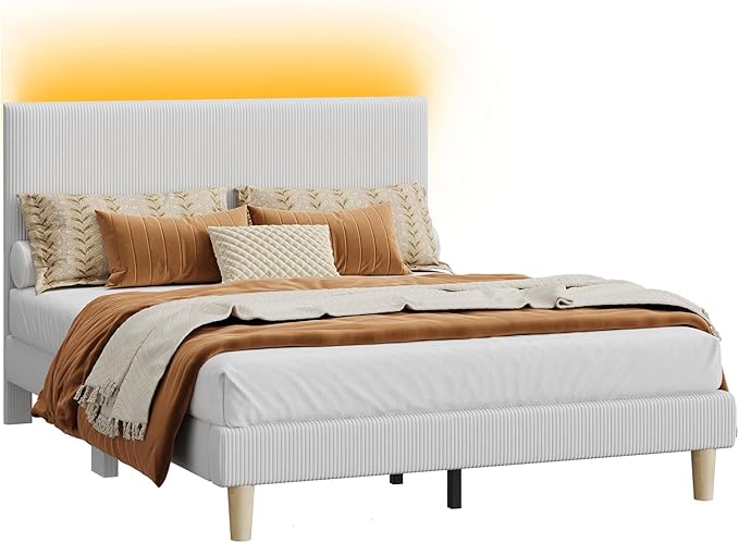 Bestier Queen Size Bed Frame with Headboard, LED Lighting, Vertical Channel Tufted Corduroy Upholstered, Solid Wooden Slat Support, No Box Spring Needed, Never Squeak, Easy Assembly, Light Grey
