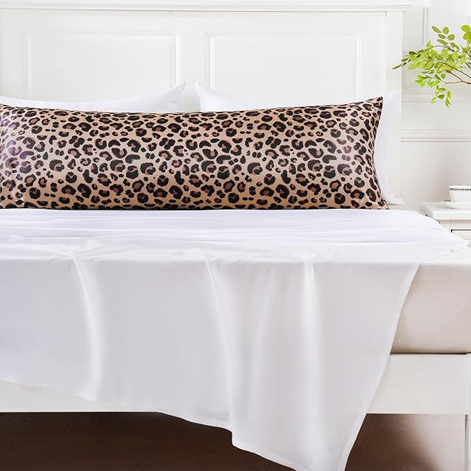 MR&HM Satin Body Pillow Cover, Soft and Breathable Body Pillow Case with Envelope Closure, Cooling and Silky Long Pillowcase for Hair and Skin,Grey (20x54, Brown Leopard)