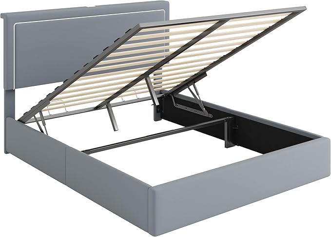 Allewie Queen Size Lift Up Storage Bed Frame with Charging Station & LED Lights, Adjustable Velvet Upholstered Storage Headboard, Type-C & USB Ports, Hydraulic Support, No Box Spring Needed, Grey