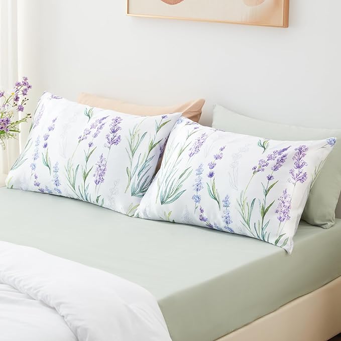 EXQ Home Satin Pillowcase for Hair and Skin Queen - Lavender Printed Silk Pillowcase 2 Pack 20x30 inches - Satin Pillow Cases Set of 2 with Envelope Closure, Gifts for Women