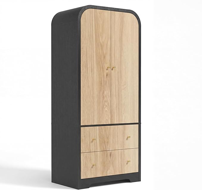 INNOVAR Arched Armoire Wardrobe Closet with 2 Doors,70" Tall Wardrobe Cabinet with 2 Drawers and Hanging Rod,Freestanding Wooden Bedroom Armoires for Bedroom,Gym,Cloak Room,Natural & Black