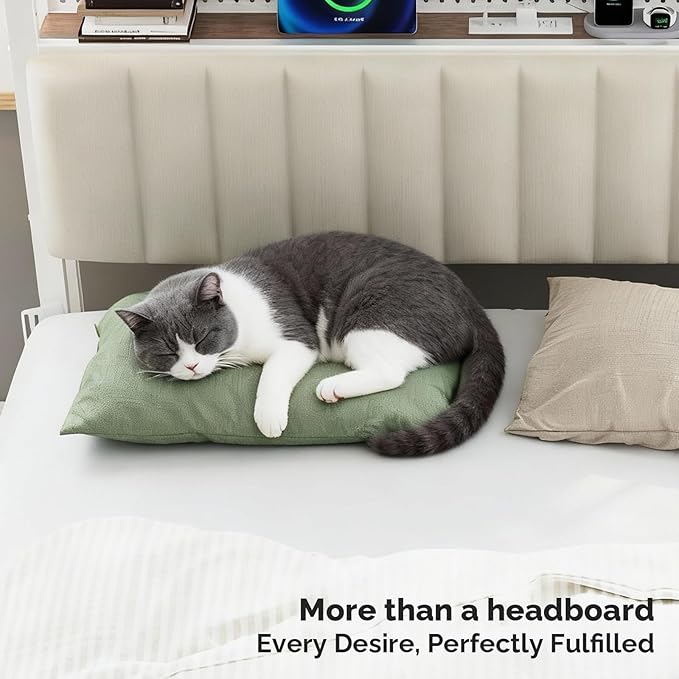 VINGLI Twin/XL LED Headboard with Storage Shelves & Charging Station, Upholstered Metal Head Board with RGB Lights, USB Ports and Power Outlet for Kids Room, Small Bedroom, Dorm and College Bedroom