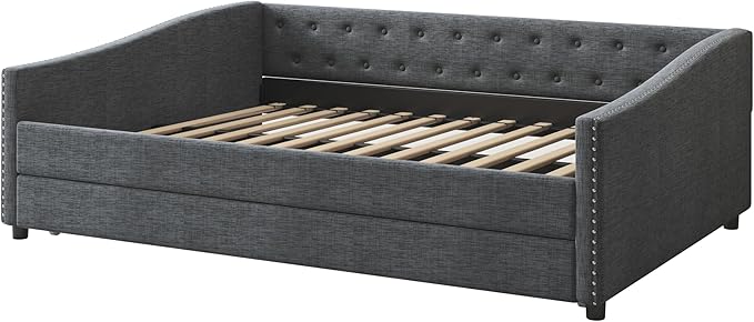 Upholstered Daybed with Trundle, Full Size Day Bed w/Button-Tufted Back and Piping on Waved-Shape Arms for Bedroom or Guest Room, No Box Spring Required, Dark Gray