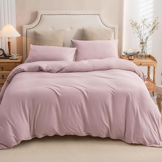 PURE ERA Jersey Knit Duvet Cover Set 100% T-Shirt Cotton Super Soft Comfy 3pc Bedding Set with Zipper Closure (Solid Light Pink,King, 104'' x 90'')