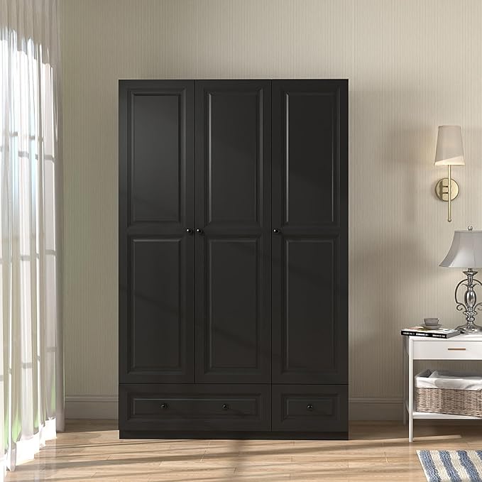 Armoire Wardrobe Closet with Drawers: 74" Black Wardrobe Close with 3 Doors, Tall Armoire with Hanging Rod, Large Wood Clothes Cabinet for Bedroom (Black, 47") (Black, 47")