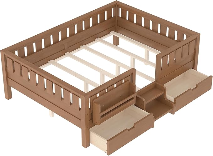Bellemave Full Size Bed Frame with Storage Drawers & Bookshelf, Low Profile Kids Bed with Staircase & Full Length Guardrails, Solid Wood Full Size Bed Frame Kids with Slats Load 450 LBS, Oak Brown