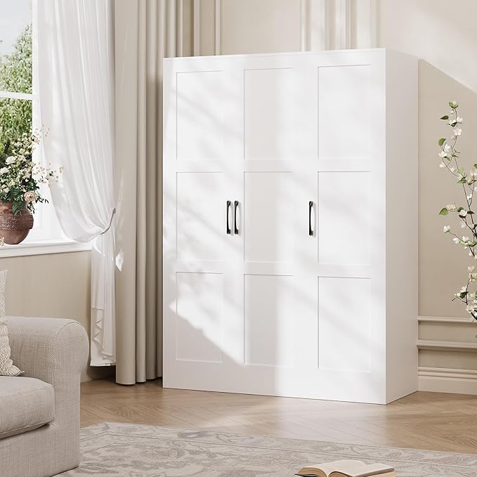 PeakPursuit Wooden Wardr.obe Closet Arm.oire, Freestanding Ward.Robe with 3 Doors for Hanging Clothes, Bedroom Large Capacity Freestanding Arm.oire