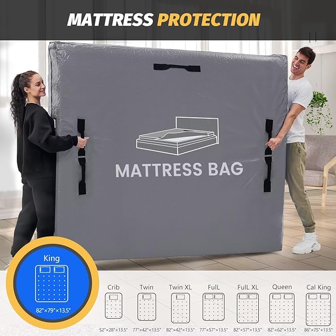 Mattress Bags for Moving and Storage, BETU Waterproof Mattress Protector King Mattress Cover with 8 Heavy Duty Handles and Zipper Extra Thick Moving Supplies for Bed Reusable (82x79x13.5 Grey)