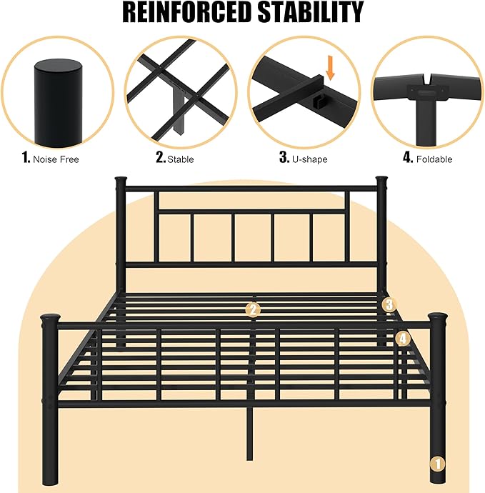 Shintenchi Full Size Metal Platform Bed Frame with Headboard & Footboard, Steel Slat Mattress Foundation, Under Bed Storage, Noise-Free, No Box Spring Needed, Black Square