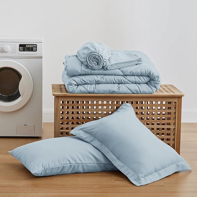 Love's cabin Twin XL Comforter Set Light Blue, 5 Pieces Twin XL Bed in a Bag, All Season Bedding Sets with 1 Comforter, 1 Flat Sheet, 1 Fitted Sheet, 1 Pillowcase and 1 Pillow Sham | Soft, Breathable, Lightweight, Comfortable