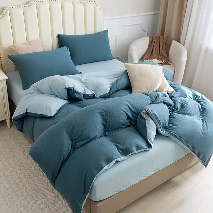 PURE ERA Jersey Knit Duvet Cover Set 100% T-Shirt Cotton Super Soft Comfy 3pc Bedding Set with Zipper Closure (Solid Cerulean Blue/Light Blue, Queen)