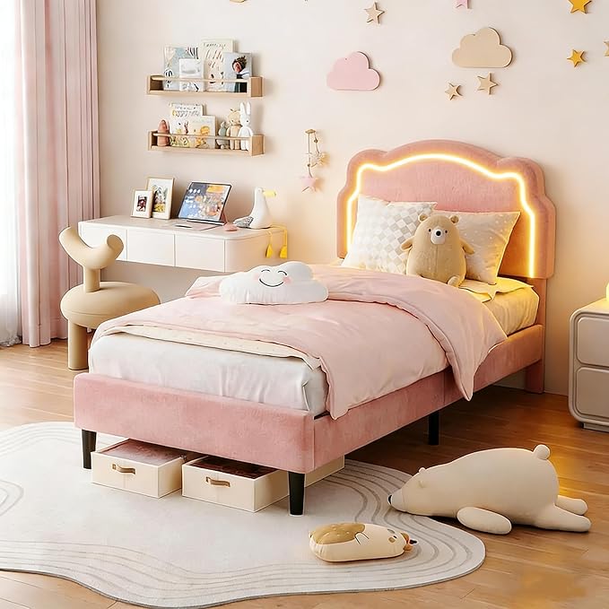 GarveeHome Twin Upholstered Smart LED Bed Frame with Headboard, Velvet Princess Platform Bed Frame for Kids, Wooden Slats Support, No Box Spring Needed (Rose)
