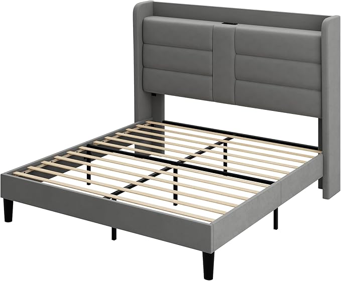 Allewie Queen Size Platform Bed Frame with Charging Station & Storage Headboard, Upholstered Velvet Wingback Design & USB Port, Strong Wooden Slats Support, No Box Spring Needed, Easy Assembly, Grey
