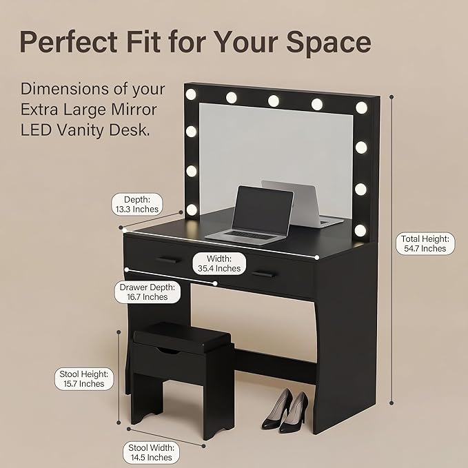 YESHOMY Vanity Desk with Mirror,Makeup Vanity Table with 11 Adjustable Lights and 2 Spacious Drawers,3 Lighting Modes with Control&Soft-Padded Storage Stool,Modern Bedroom Vanity Set,Black