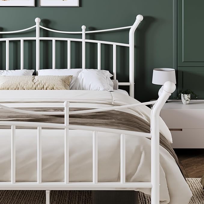 Allewie 14 Inches King Size Metal Platform Bed Frame with Elegant Crown Iron-Art Headboard & Footboard, Sturdy Mattress Foundation with Under-Bed Storage, Easy Assembly, No Box Spring Needed, White