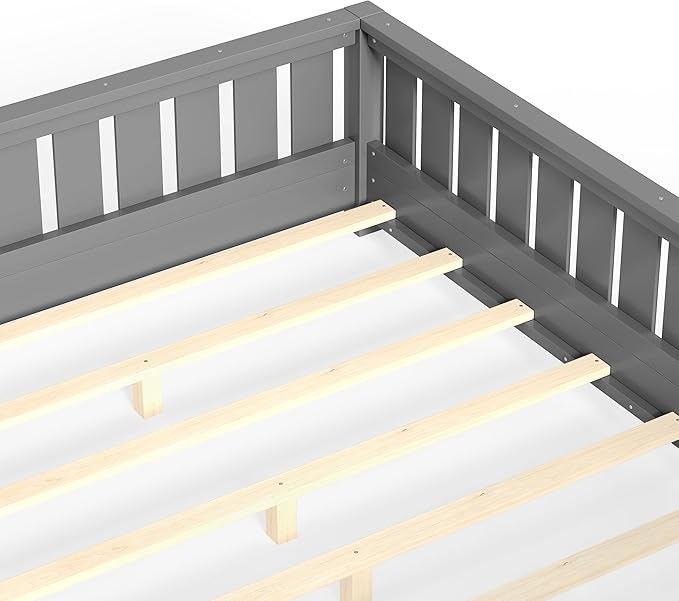 Bellemave Full Size Kids Montessori Bed with Bookshelf,Solid Wood Full Floor Bed Frame with Fence and Slats for Girls Boys,Low-Profile,Gray