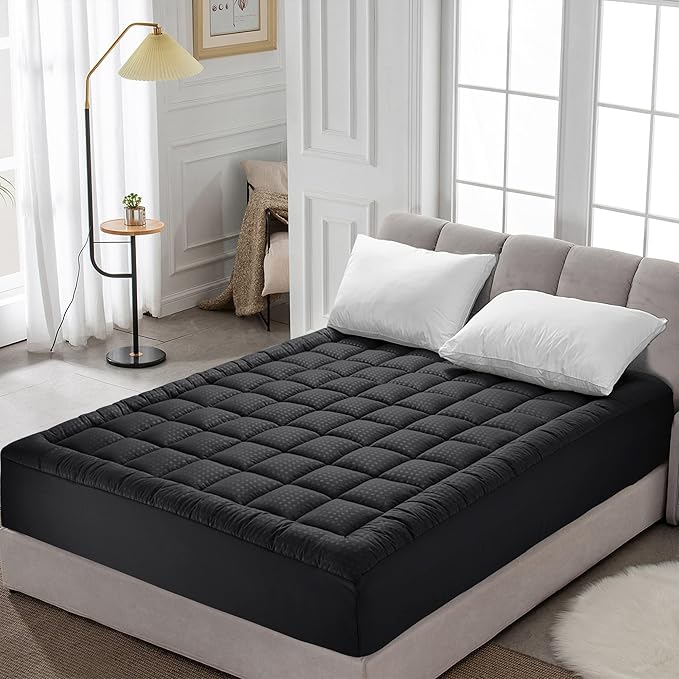 HYLEORY Twin XL Mattress Pad Quilted Fitted Mattress Protector Cooling Pillow Top Mattress Cover Breathable Fluffy Soft Mattress Topper with 8-21" Deep Pocket, Black