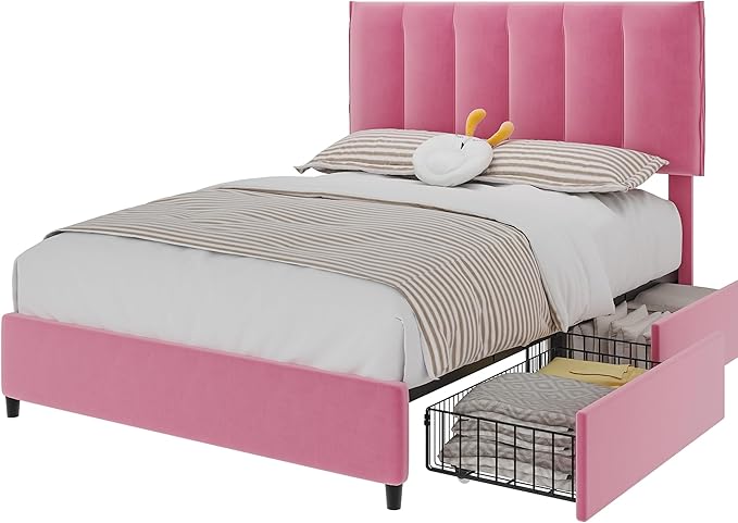 VECELO Queen Size Bed Frame with 4 Storage Drawers, Adjustable Height Headboard, Heavy-Duty Platform Bedframe with Strong Wooden Slats, No Box Spring Needed, Pink