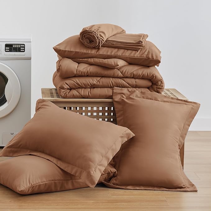 Love's cabin King Size Comforter Set Mocha Mousse, 7 Pieces King Bed in a Bag, All Season Bedding Sets with 1 Comforter, 1 Flat Sheet, 1 Fitted Sheet, 2 Pillowcase and 2 Pillow Sham | Soft, Breathable, Lightweight, Comfortable