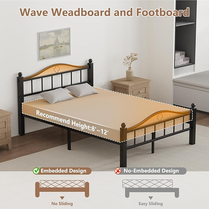 Metal Full Size Bed Frames with Headboard, 1500lb No Squeak Metal Platform with Headboard, 12" Underbed Storage, Tool-Free 30-Min Assembly No Box Spring Needed for Dorms/Apartments