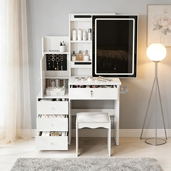 Casaphoria 31.5 Inch White Vanity Desk with Lighted Mirror & Storage – Makeup Dressing Table with 4 Drawers, 9 Compartments, Hidden Storage & Stool for Women Girls Bedroom